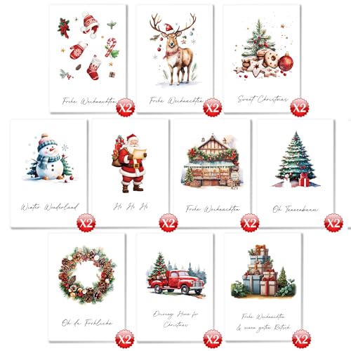 DMHSGIFT Weihnachtskarten mit Umschlag Set 20 Stück mit 10 Designs hochwertig A6 Klappkarten Weihnachten, Christmas Cards für die Familie, Freunde, schönsten Weihnachtsgrüße von DMHSGIFT