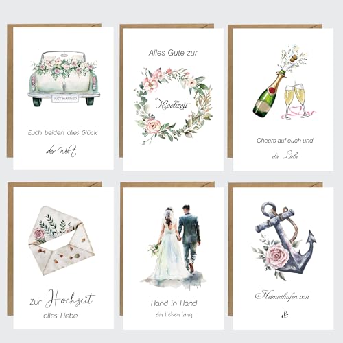 Hochzeitskarten 6er-Set mit Umschlag Karte Hochzeit A6 Glückwunsch Klappkarten zur Hochzeit Wedding Cards für Brautpartys, Verlobungsfeiern (Weiß) von DMHSGIFT