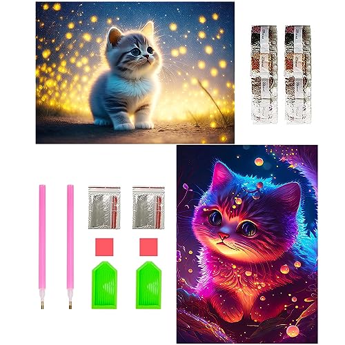 Diamond Painting Katze, 2 Pcs Diamant Painting Bilder, Diamond Painting Set für Erwachsene Kinder, DIY 5D Diamant Painting Katze, Strass Bilder Tier Diamant Kunst Kits Home Wall Decor 30x40cm von DMNQ