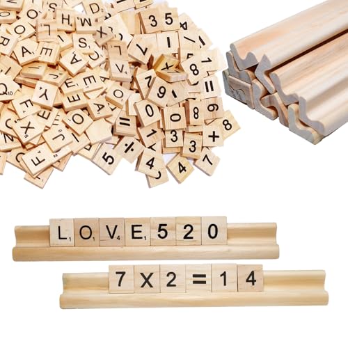 300 Stück Holzbuchstaben und Holzzahlen mit 10 Stück Briefhalter aus Holz, Holzbuchstaben zum Basteln für Lernen, DIY Bastelprojekte, Brettspiele (Buchstaben + Zahlen + Holzrahmen) von DMSESRLS