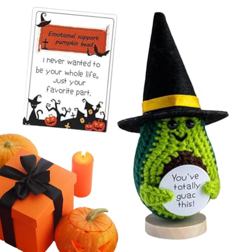 Positive Puppe, positive Strickpuppe, Puppe mit Halloween-Kürbisköpfen, niedliche Strickpuppe aus eingelegter Gurke, handgefertigt, gehäkelt, mit positiver Karte von DNCG