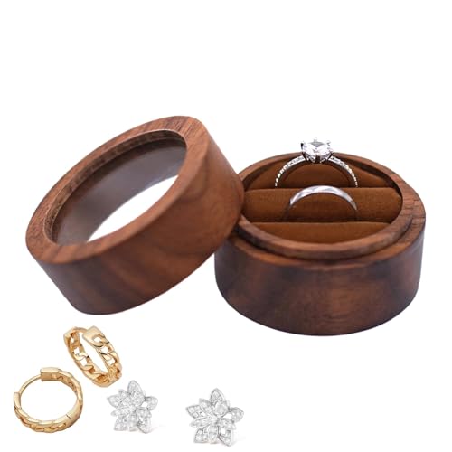 Ringbox aus Holz für den Hochzeitstag, Ringbox aus Holz, runde Ringbox, Retro-Schmuckschatulle, Ringhalter, elegante Aufbewahrungsbox für Zeremonie nu von DNCG