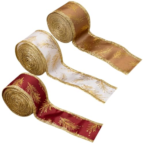 Wrapping Ribbon, 3 Rolls Satin Ribbon Decorative Tie Streamer, 1.5inch Wide Christmas Ribbons For Wreath, Christmas Wrapping, Valentine Crafts Decoration Golden Pattern Bow Accessories von DNCG