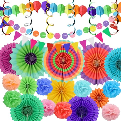 33 Stück mit hängenden Papier Lüfter, Regenbogen Pompons, Tissue Bänder und Wimpelketten Girlande für Bunte Party Deko für Weihnachten Event , Geburtstage und Karneval von DNDGDLUA