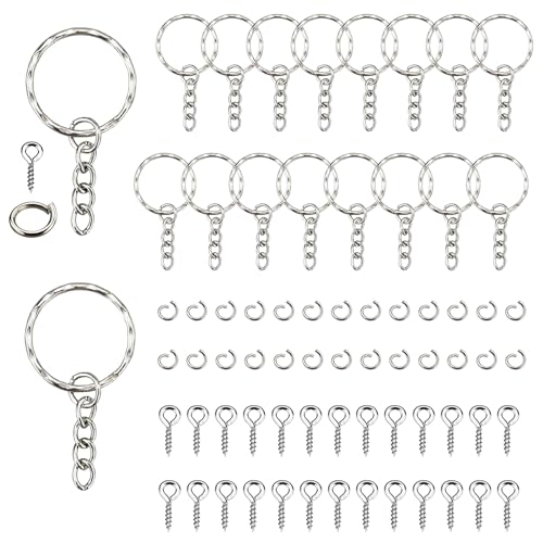 50 Stück Kleine Schlüsselringe Ringe, 25mm Spaltschlüsselringe mit Gliederkette und 50 Stück offene Binderinge und 50 Stück Schrauböse Pins zum Basteln, für Schlüssel Handwerk DIY Kosmetik Schmuck von DNDGDLUA