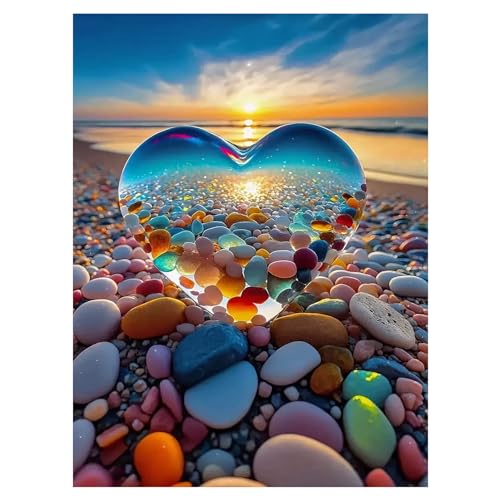 5D Diamond Painting Kristall Herz Diamant Painting Bilder Strand Sonnenuntergang Diamond Art Erwachsene Full DIY Diamant Kunst Malerei Stickerei Set Kreuzstich Bilder Home Wand Dekor 30x40cm von DNDGDLUA