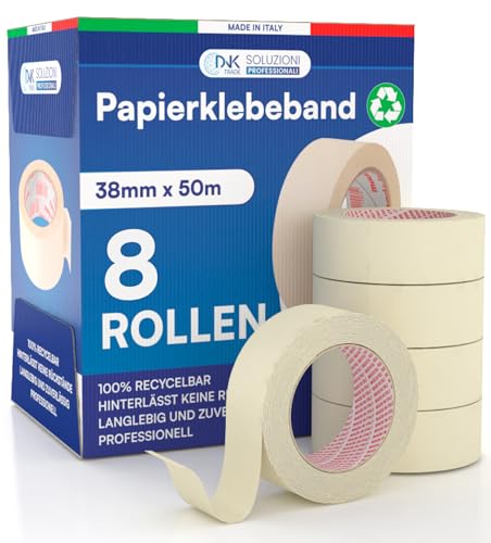 DNK TRADE 8x Malerband 38mm x 50m - Malerkrepp Kreppband - Vielseitiges Klebeband für Malerarbeiten ohne Lösungsmittel - Abklebeband für Professionelles DIY von DNK TRADE