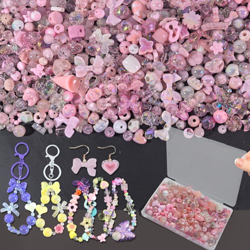 150–220 Stück niedliche Perlen für die Herstellung von Armbändern, sortierte Acryl-Kawaii-Perlen, Blume, Schmetterling, Stern, Herzperlen – Anhänger für Schmuck, Armbänder, Halsketten, Handy-Anhänger von DNLEGULI