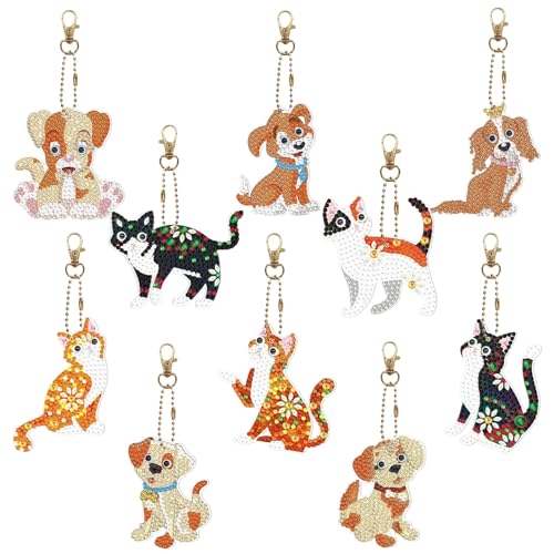 DNWFZ Diamond Painting Anhänger 10 Stück 5D Diy Diamond Painting Schlüsselanhänger Kinder Erwachsene Malerei Stickerei Diamant Painting Anhänger Art Hunde Katzen Handtasche Schlüssel Craft Kits von DNWFZ