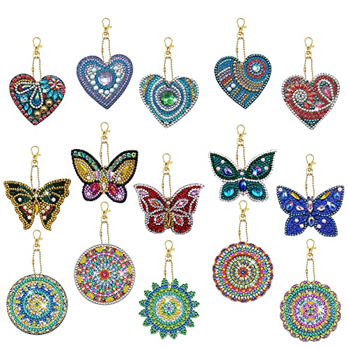 DNWFZ Diamond Painting Anhänger 15 Stk 5D Diy Diamond Painting Schlüsselanhänger Kinder Malerei Stickerei Diamant Painting Anhänger Art Herz Mandala Frauen Mädchen Handtasche Schlüssel Kits Craft von DNWFZ