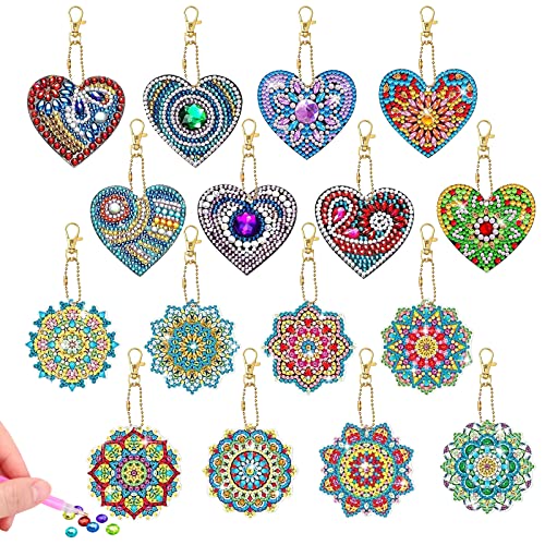 DNWFZ Diamond Painting Anhänger 16 Stk 5D Diy Diamond Painting Schlüsselanhänger Kinder Malerei Stickerei Diamant Painting Anhänger Art Herz Mandala Frauen Mädchen Handtasche Schlüssel Craft Kits von DNWFZ