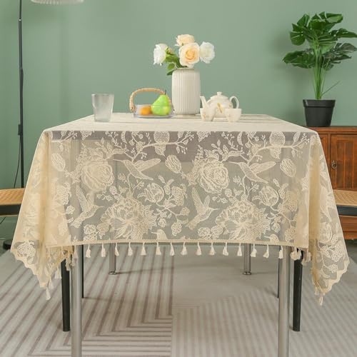 Blumen Vögel Rechteckige Tischdecke Polyester Tischdecke mit Quasten Abwaschbare Tischdecke für Hochzeit Bankett Party Geburtstag Küche Heimdekoration für Esstisch Gartentisch 140 x (140 x von DOCOXI