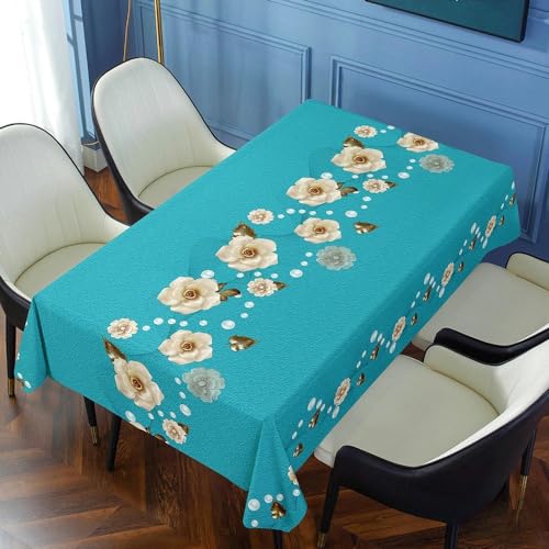 DOCOXI 140–220 cm quadratische PVC-Tischdecke mit Blumenmuster abwischbare PVC-Tischdecke quadratischer Tisch geblümt für runden Esstisch (Seeblau 140 x 220 cm) von DOCOXI