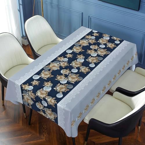 DOCOXI 140–220 cm quadratische PVC-Tischdecke mit Blumenmuster abwischbare PVC-Tischdecke quadratischer Tisch geblümt für runden Esstisch (Tibetanblau 100 x 160 cm) von DOCOXI