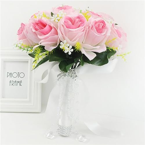 DOCOXI Blumenstrauß für Braut, Hochzeit, Blumen, Brautjungfer, künstliche Seide, Rose mit künstlichen Perlen, Kristallen, Party- und Abschlussballzubehör, Milch (Roségold, Größe O) von DOCOXI