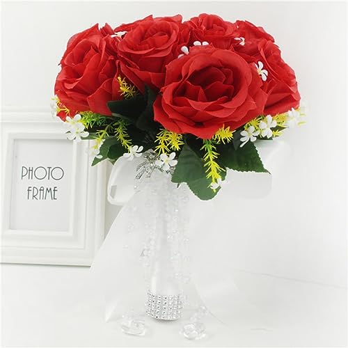 DOCOXI Blumenstrauß für Braut, Hochzeit, Blumen, Brautjungfer, künstliche Seidenrose mit künstlichen Perlen und Kristallen, Party- und Abschlussballzubehör, Milch (Rot, Einheitsgröße) von DOCOXI