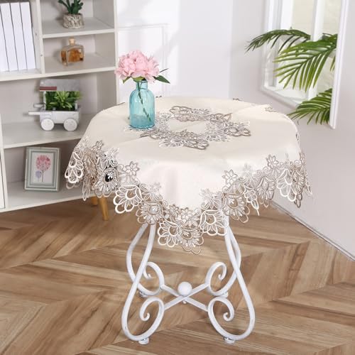 Edle Sticktischdecke Polyester-Tischdecke mit floralen Spitzenquasten für Hochzeit Bankett Geburtstag Party Taufe Zuhause Küchendekoration für Esstisch Gartentisch Hell (Hellbraun 85 x 85 von DOCOXI