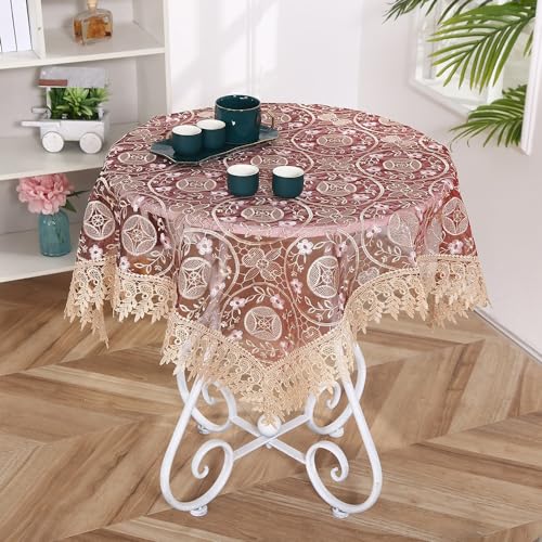 Elegante Tischdecke mit Spitzenstickerei im Vintage-Stil Polyester-Tischdecke mit Quasten für Hochzeiten Bankette Geburtstage Partys Zuhause Küchendekoration für Esstisch Gartentisch Hellrot von DOCOXI