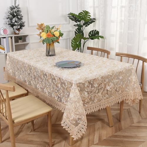 Modische Tischdecke mit Spitzenstickerei Polyester-Tischdecke mit Quasten waschbare Tischdecke für Hochzeiten Bankette Geburtstage Partys Küchen Heimdekoration für Esstisch Gartentisch Khaki von DOCOXI