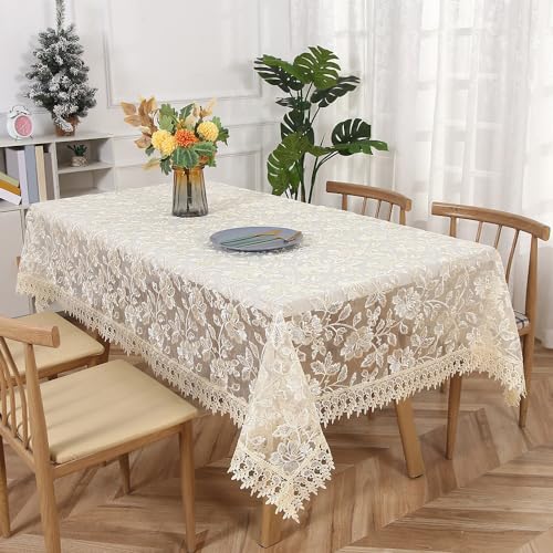 Modische Tischdecke mit Spitzenstickerei Polyester-Tischdecke mit Quasten waschbare Tischdecke für Hochzeiten Bankette Geburtstage Partys Küchen Heimdekoration für Esstisch Gartentisch Khaki von DOCOXI