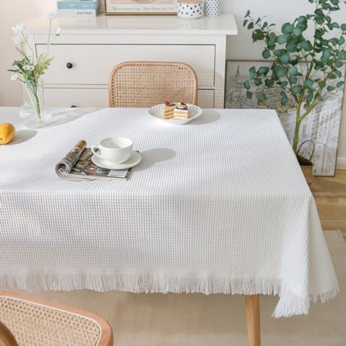 Rechteckige Tischdecke aus Baumwollleinen mit Quasten abwaschbare Tischdecke für Hochzeit Bankett Geburtstag Partydekoration für Esszimmer Esstisch Gartentisch Waffelgelb 90 x 180 cm von DOCOXI