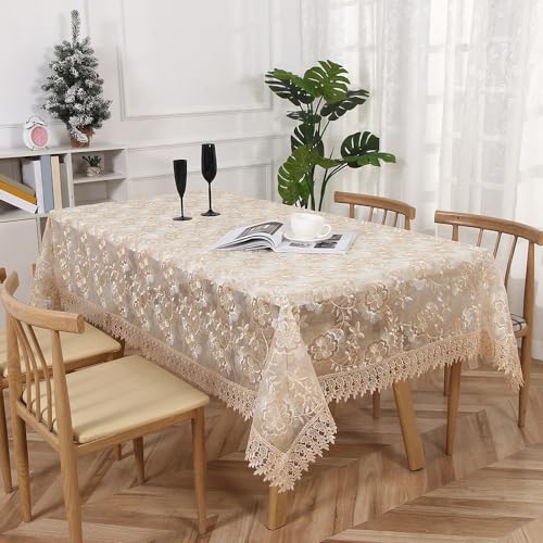 Rechteckige Tischdecke mit Spitzenstickerei Polyester-Tischdecke mit Quasten abwaschbare Tischdecke für Hochzeit Bankett Party Geburtstag Küche Heimdekoration für Esstisch Gartentisch Beige von DOCOXI