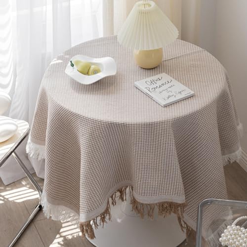 Tischdecke Rund Rechteckig Baumwoll Leinen Tischdecke mit Pompom Abwaschbar Tischtuch für Hochzeit Bankett Geburtstag Party Deko für Esszimmer Esstisch Gartentisch Waffel Dunkel (Waffel Kaffee von DOCOXI