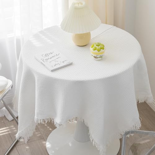 Tischdecke Rund Rechteckig Baumwoll Leinen Tischdecke mit Pompom Abwaschbar Tischtuch für Hochzeit Bankett Geburtstag Party Deko für Esszimmer Esstisch Gartentisch Waffel Dunkel (Waffel Weiß von DOCOXI