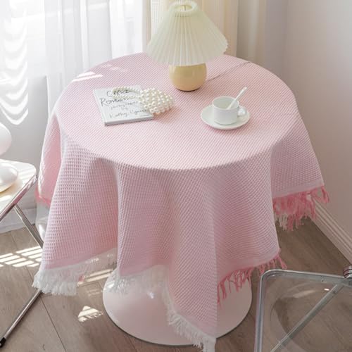 Tischdecke Rund Rechteckig Baumwollleinen Tischdecke mit Pompom Abwaschbare Tischdecke für Hochzeit Bankett Geburtstag Party Deko für Esszimmer Esstisch Gartentisch Waffel Dunkel (Waffel von DOCOXI