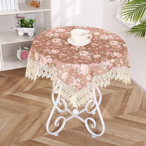 Tischdecke aus Spitze im Vintage-Stil mit Blumenmuster Polyester-Tischdecke mit Quasten für Hochzeiten Bankette Geburtstage Partys Zuhause Küchendekoration für Esstisch Gartentisch Rosa-Lila von DOCOXI