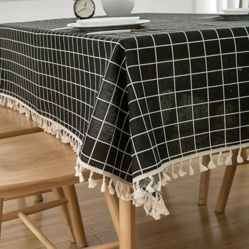 Tischdecke mit Quasten Abwaschbar Schmutzabweisend Für Outdoor Hochzeit Bankett Party Geburtstag Küche Wohnungsdeko Für Esstisch Gartentisch Weiß Kariert 100x140cm (Schwarz Kariert von DOCOXI