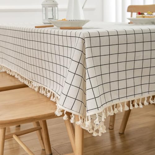 Tischdecke mit Quasten Abwaschbar Schmutzabweisend Für Outdoor Hochzeit Bankett Party Geburtstag Küche Wohnungsdeko Für Esstisch Gartentisch Weiß Kariert 100x140cm (Weiß Kariert 90x150cm) von DOCOXI