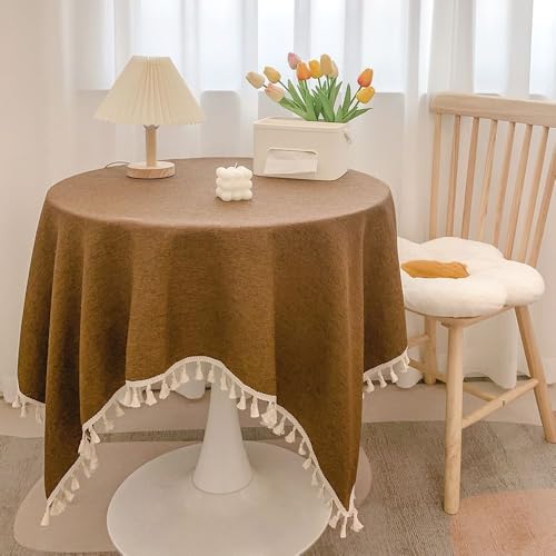 Tischdecke mit Quasten Abwaschbar Schmutzabweisend Gartentisch Couchtisch Tischdecke für Esstisch für Outdoor Hochzeit Bankette Party Küche Heimdekoration Hellgrau 120 x 120 cm (Braun 120 von DOCOXI