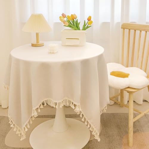 Tischdecke mit Quasten abwaschbar schmutzabweisend Gartentisch Couchtisch Tischdecke für Esstisch für Outdoor Hochzeit Bankett Party Küche Heimdekoration Hellgrau 120 x 120 cm (Off-White) von DOCOXI