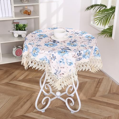 Vintage Blumenspitze Tischdecke Polyester Tischdecke mit Quasten für Hochzeiten Bankette Geburtstage Partys Zuhause Küchendekoration für Esstisch Gartentisch Blau Weiß 80 cm (30 x 45 cm) von DOCOXI