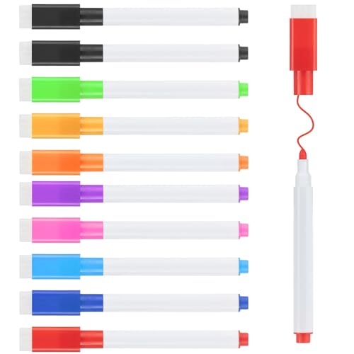 DOETYD Mini-Whiteboard-Stifte, 9 Farben, magnetisch, löschbar, mit Radiergummi, trocken abwischbar, für Kinder, Schule, Familie, Büro, 10 Stück von DOETYD