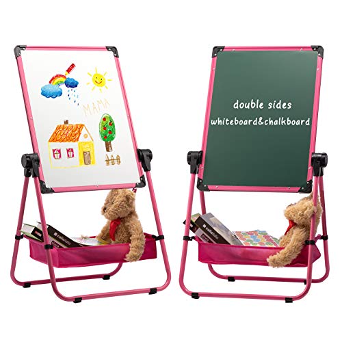 DOEWORKS Kinder Whiteboard Staffelei Doppelseitiges Staffelei Kinder Whiteboard & Kreidetafel Magnetische Whiteboard mit Komplett-Set Höhenverstellbar und 360 ° Drehbar, Rosa von DOEWORKS