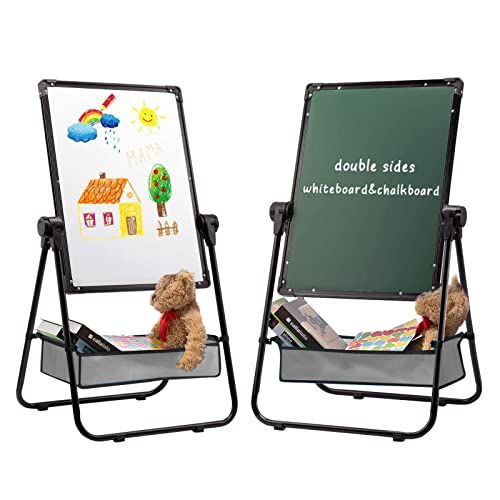 DOEWORKS Kinder Whiteboard Staffelei Doppelseitiges Staffelei Kinder Whiteboard & Kreidetafel mit Aufbewahrungstasche Magnetische Whiteboard mit Komplett-Set Höhenverstellbar und 360 °Drehbar, Schwarz von DOEWORKS