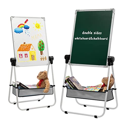 DOEWORKS Kinder Whiteboard Staffelei Doppelseitiges Staffelei Kinder Whiteboard & Kreidetafel mit Aufbewahrungstasche Magnetische Whiteboard mit Komplett-Set Höhenverstellbar und 360 °Drehbar, Weiß von DOEWORKS