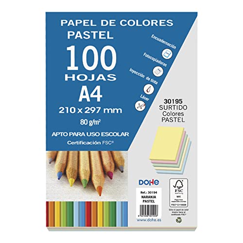 DOHE 30195 Packung mit 100 Papieren, A4, 80 g, Pastellfarben, Sortiert, Grande von DOHE