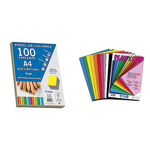DOHE - Farbiges Papier DIN A4, 80 g. Leuchtende Farben sortiert - 100 Blatt & PLAY-CUT Tonpapier A4 (130g/m2) | 50 Bogen Din A4 Papier zum Basteln Drucken | Dickes Bedruckbares Bastelpapier Set von DOHE