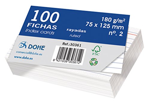 Dohe 30361 Packung mit 100 Karteikarten, Papier liniert, weißer Fotokarton, 180 g, Nr. 2, 75 x 125 mm von DOHE