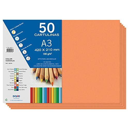 Dohe - A3-Karton, Orange, für Bastelarbeiten und Druck (50 Stück) - 21 x 29,7 cm - 180 g/m² - Büromaterial von DOHE