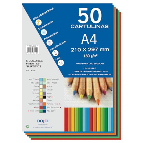 Dohe A4-Karton, kräftige Farben, für Bastelarbeiten und Druck (50 Stück) – 21 x 29,7 cm – 180 g/m² – Büromaterial von DOHE