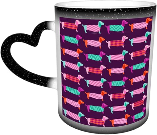 DOHXQM Kaffeetassen – Farbwechseltasse, Magic Mug,bedruckt, aus Keramik, Fassungsvermögen ca. 330 ml,Keramik - Geschenkidee,Dackel, Sechziger inspirierte Farbpalette mit Abstrakt von DOHXQM