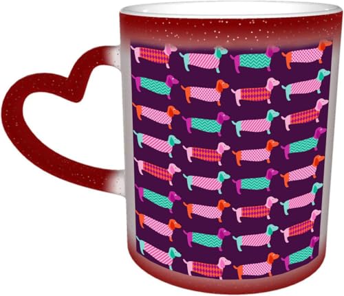 DOHXQM Kaffeetassen – Farbwechseltasse, Magic Mug,bedruckt, aus Keramik, Fassungsvermögen ca. 330 ml,Keramik - Geschenkidee,Dackel, Sechziger inspirierte Farbpalette mit Abstrakt von DOHXQM