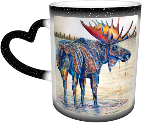 DOHXQM Kaffeetassen – Farbwechseltasse, Magic Mug,bedruckt, aus Keramik, Fassungsvermögen ca. 330 ml,Keramik - Geschenkidee,Wunderschönes Elchbullenbild im See. Mit Acrylfarben gemaltes Bild. von DOHXQM