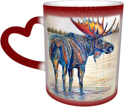 DOHXQM Kaffeetassen – Farbwechseltasse, Magic Mug,bedruckt, aus Keramik, Fassungsvermögen ca. 330 ml,Keramik - Geschenkidee,Wunderschönes Elchbullenbild im See. Mit Acrylfarben gemaltes Bild. von DOHXQM