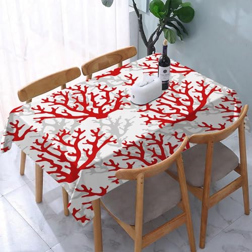 DOHXQM Tischtuch abwischen saubere tischdecke aus wasserdichte rechteckige Tischabdeckungsschutz für Küchenpicknick im,Nahtloses Muster mit roten Korallensilhouetten auf weißem Hintergrund,137x240 cm von DOHXQM
