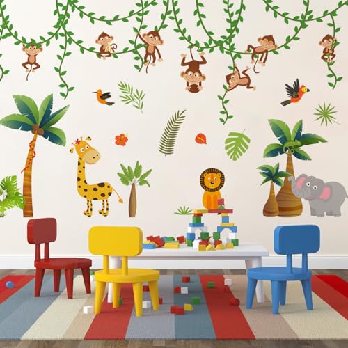 Wandtattoo Kinderzimmer - Wandsticker Tiere Affe Giraffe Elefant Löwe - Wandtattoo Babyzimmer Mädchen Junge - Wandsticker für Kindergarten und Zuhause - Wandtattoos Kinderzimmer Dekoration von DOINEUFL